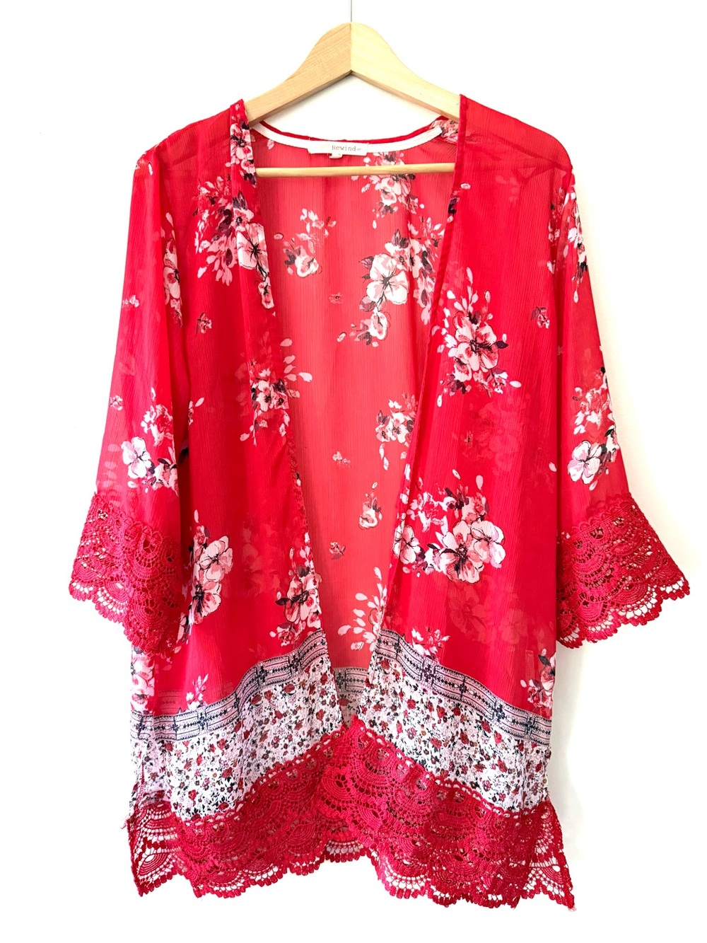 Rewind Boho Red Floral Lace Trim Open Front Kimono Cardigan Cover Up M Boho